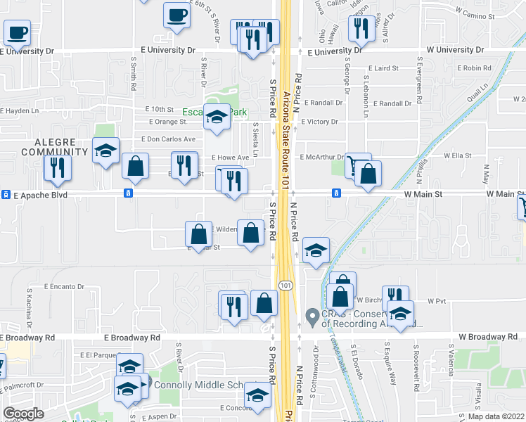 map of restaurants, bars, coffee shops, grocery stores, and more near 2185 East Apache Boulevard in Tempe