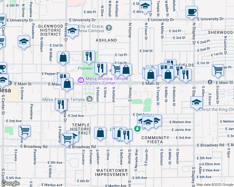map of restaurants, bars, coffee shops, grocery stores, and more near 33 South Ashland in Mesa