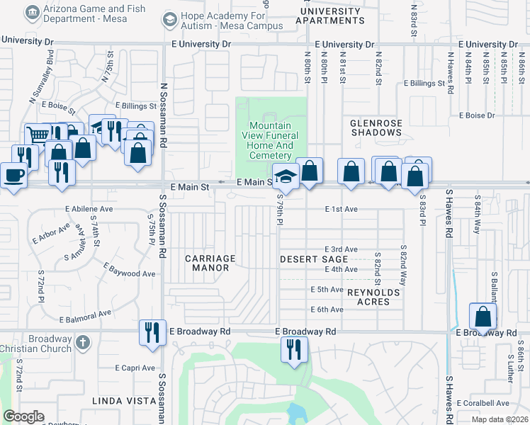 map of restaurants, bars, coffee shops, grocery stores, and more near 7750 East Broadway Road in Mesa