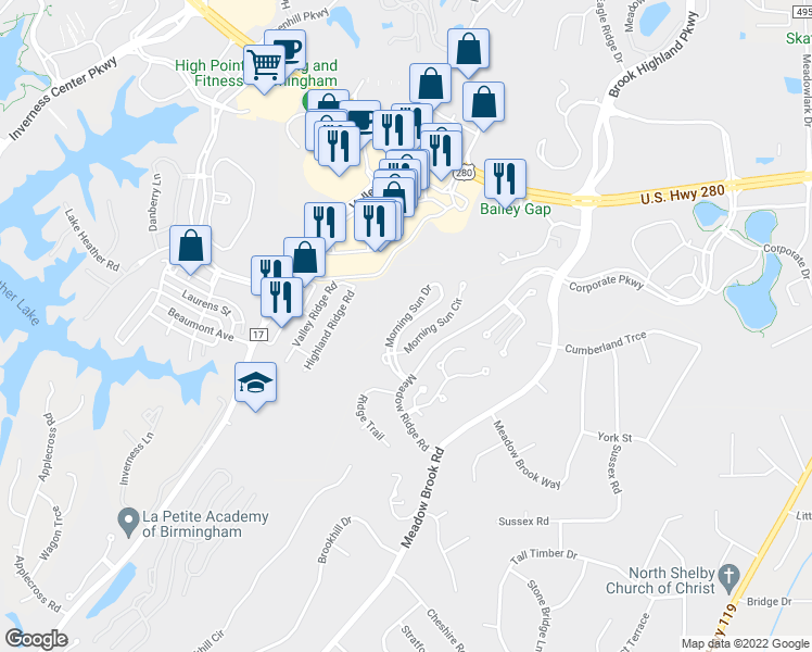 map of restaurants, bars, coffee shops, grocery stores, and more near 474 Morning Sun Drive in Meadowbrook