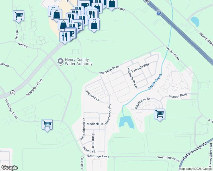 map of restaurants, bars, coffee shops, grocery stores, and more near 1219 Heartwood Avenue in McDonough
