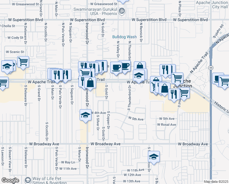 map of restaurants, bars, coffee shops, grocery stores, and more near 1211 Apache Trail in Apache Junction