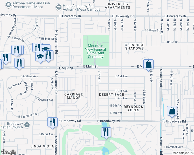 map of restaurants, bars, coffee shops, grocery stores, and more near 7915 East 1st Avenue in Mesa