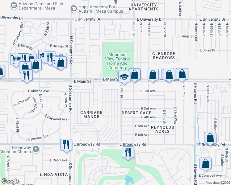 map of restaurants, bars, coffee shops, grocery stores, and more near 7750 East Broadway Road in Mesa