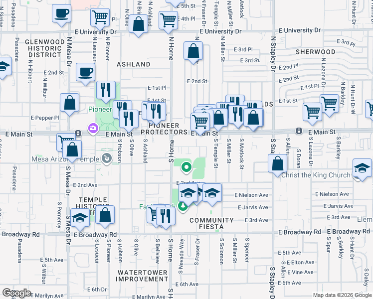 map of restaurants, bars, coffee shops, grocery stores, and more near 835 East Mahoney Avenue in Mesa