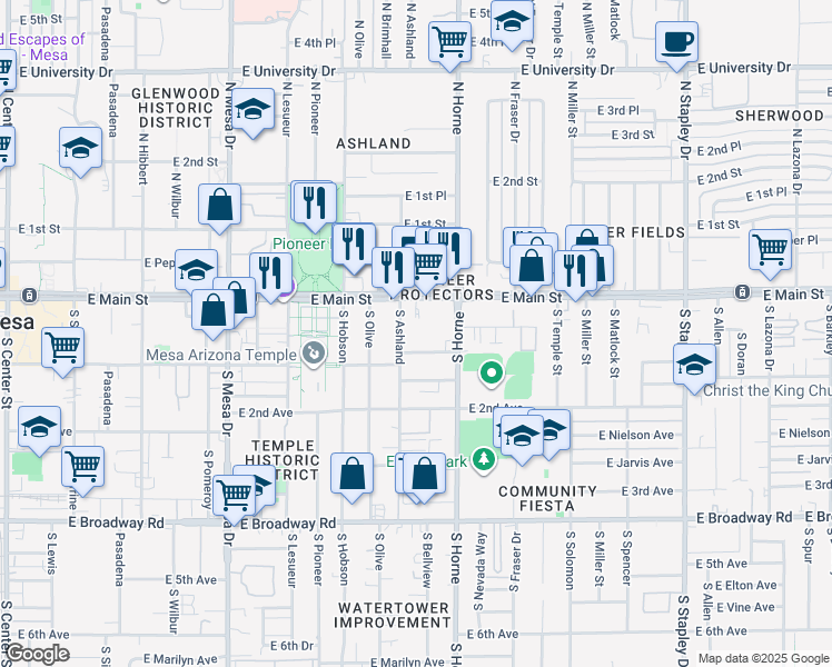 map of restaurants, bars, coffee shops, grocery stores, and more near 33 South Ashland in Mesa