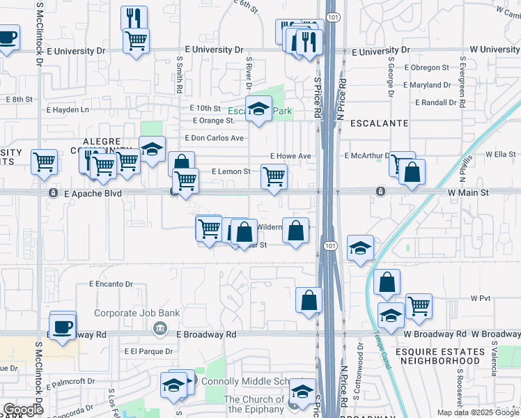 map of restaurants, bars, coffee shops, grocery stores, and more near 2125 East Apache Boulevard in Tempe