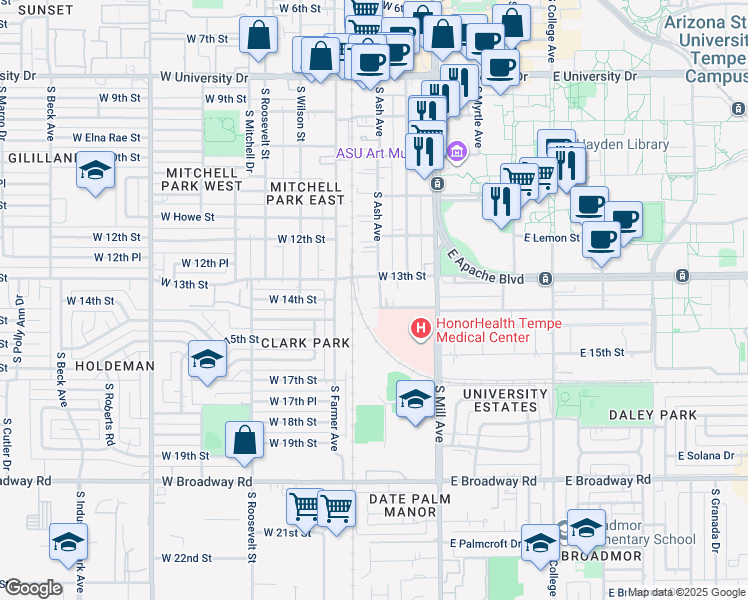map of restaurants, bars, coffee shops, grocery stores, and more near 1319 South Ash Avenue in Tempe