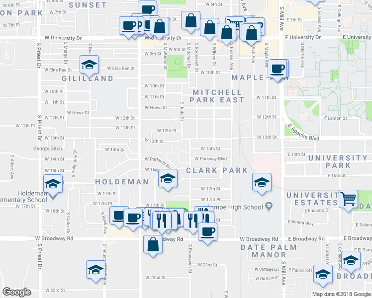map of restaurants, bars, coffee shops, grocery stores, and more near 1325 South Mitchell Drive in Tempe