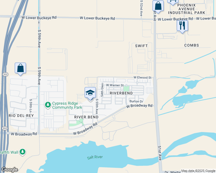 map of restaurants, bars, coffee shops, grocery stores, and more near 5421 West Warner Street in Phoenix