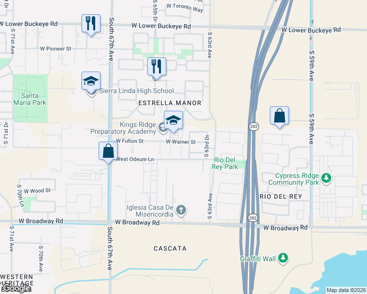 map of restaurants, bars, coffee shops, grocery stores, and more near 3618 South 63rd Avenue in Phoenix