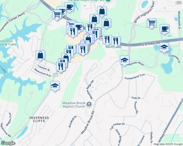 map of restaurants, bars, coffee shops, grocery stores, and more near 216 Morning Sun Drive in Birmingham