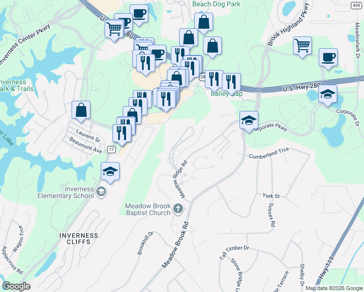 map of restaurants, bars, coffee shops, grocery stores, and more near 216 Morning Sun Drive in Birmingham