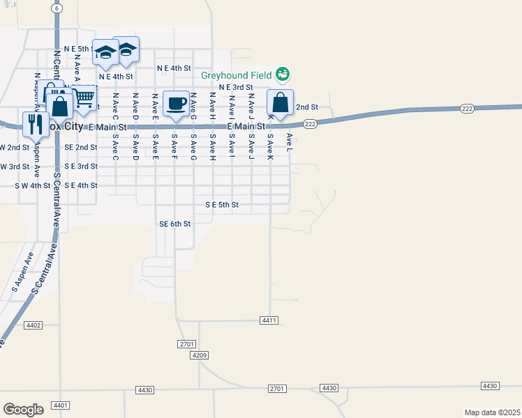 map of restaurants, bars, coffee shops, grocery stores, and more near 1105 South East 5th Street in Knox City