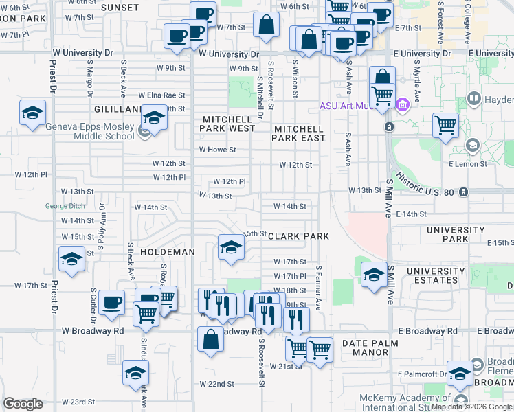 map of restaurants, bars, coffee shops, grocery stores, and more near 1325 South Mitchell Drive in Tempe