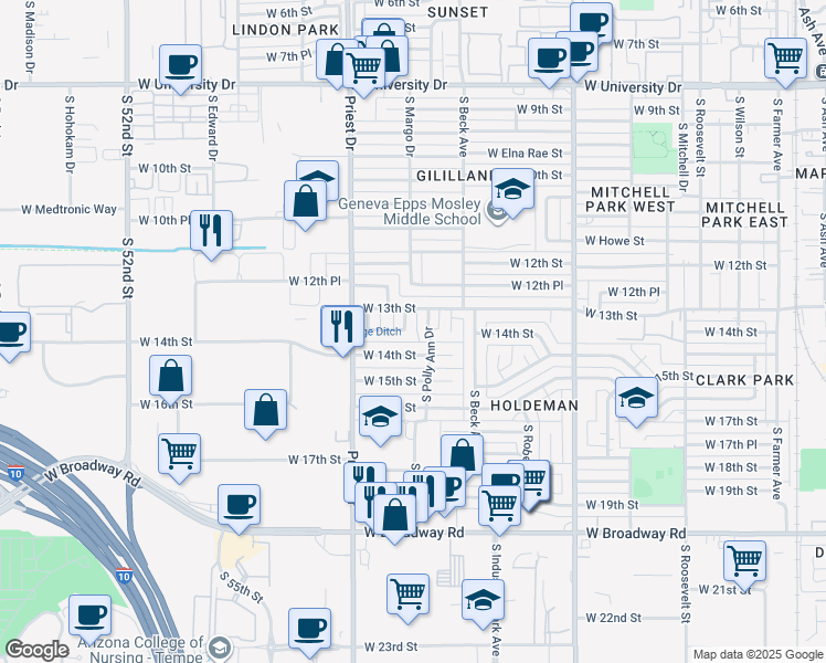 map of restaurants, bars, coffee shops, grocery stores, and more near 1323 South Margo Drive in Tempe