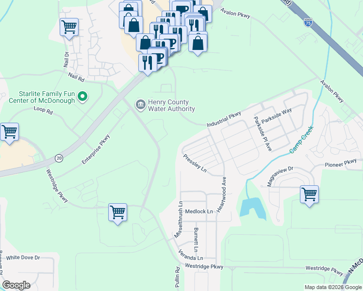 map of restaurants, bars, coffee shops, grocery stores, and more near 1536 Pressley Lane in McDonough