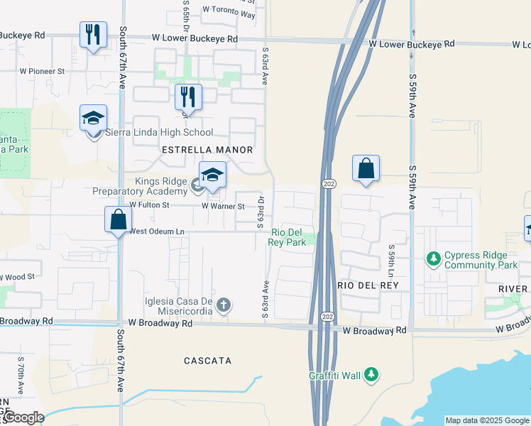 map of restaurants, bars, coffee shops, grocery stores, and more near 3727 South 63rd Drive in Phoenix