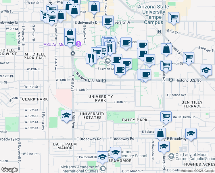 map of restaurants, bars, coffee shops, grocery stores, and more near 1315 South College Avenue in Tempe
