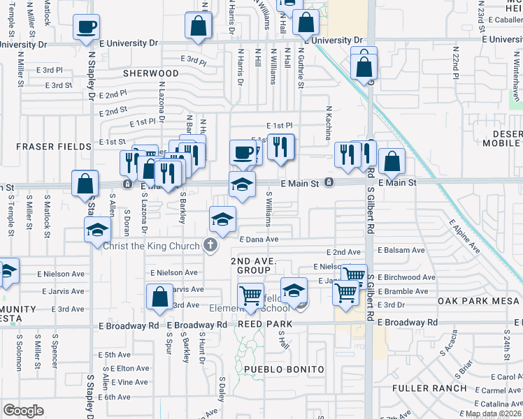 map of restaurants, bars, coffee shops, grocery stores, and more near 44 South Williams in Mesa