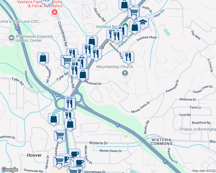 map of restaurants, bars, coffee shops, grocery stores, and more near 2001 Montreat Parkway in Vestavia Hills