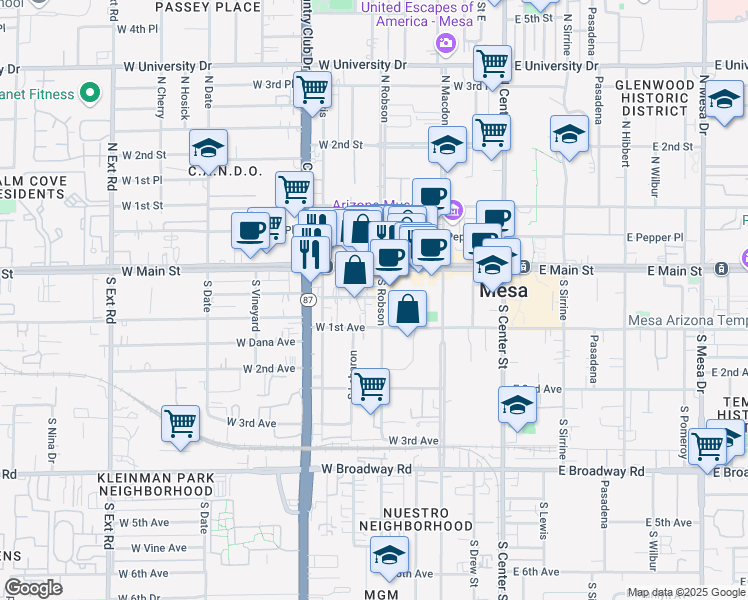 map of restaurants, bars, coffee shops, grocery stores, and more near 36 South Robson in Mesa