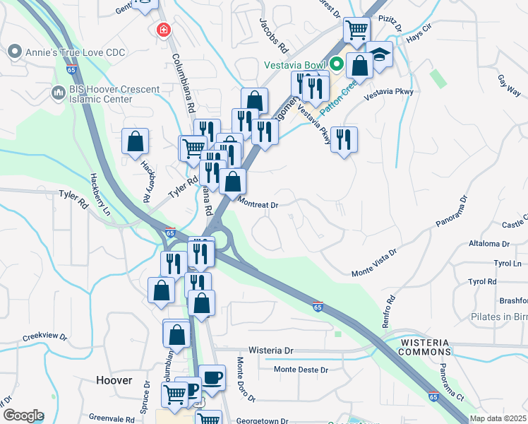 map of restaurants, bars, coffee shops, grocery stores, and more near 2030A Montreat Circle in Vestavia Hills