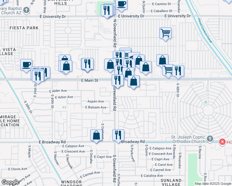 map of restaurants, bars, coffee shops, grocery stores, and more near 99 South Greenfield Road in Mesa