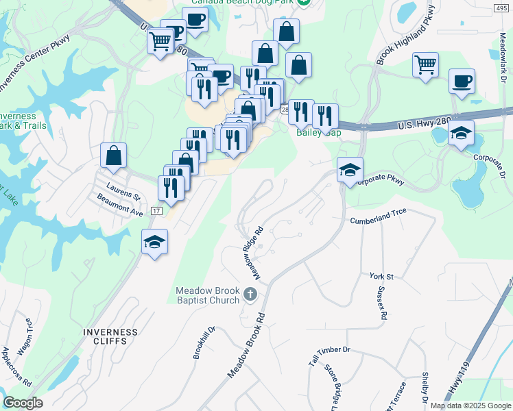 map of restaurants, bars, coffee shops, grocery stores, and more near 216 Morning Sun Drive in Birmingham