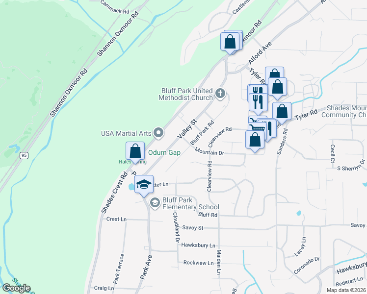 map of restaurants, bars, coffee shops, grocery stores, and more near 680 Bluff Park Road in Birmingham