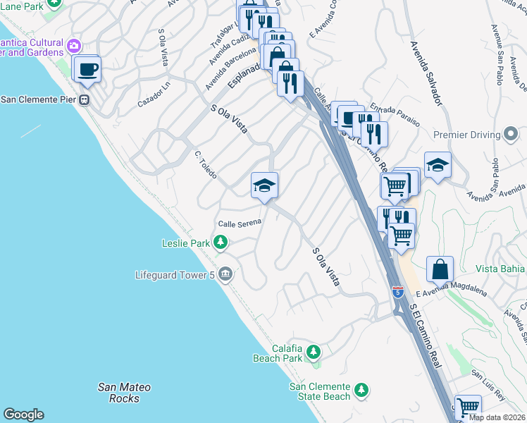 map of restaurants, bars, coffee shops, grocery stores, and more near 208 West Avenida De Los Lobos Marinos in San Clemente
