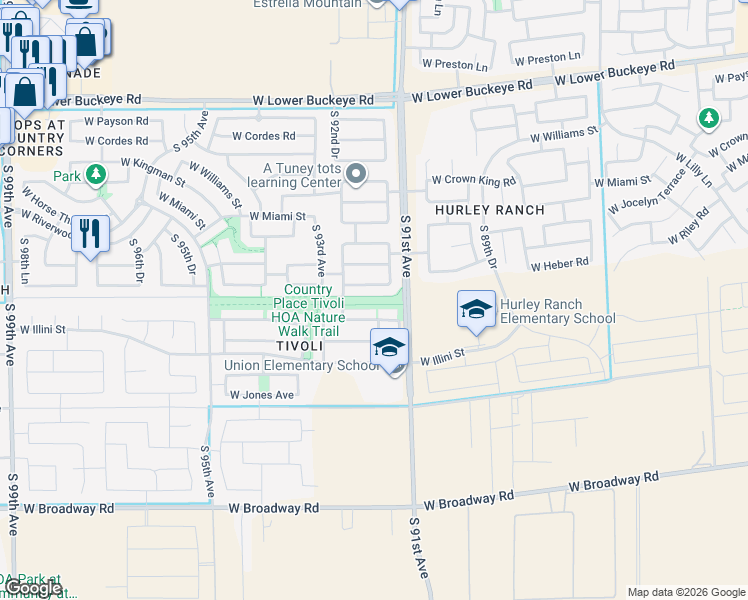 map of restaurants, bars, coffee shops, grocery stores, and more near 3600 South 91st Drive in Tolleson