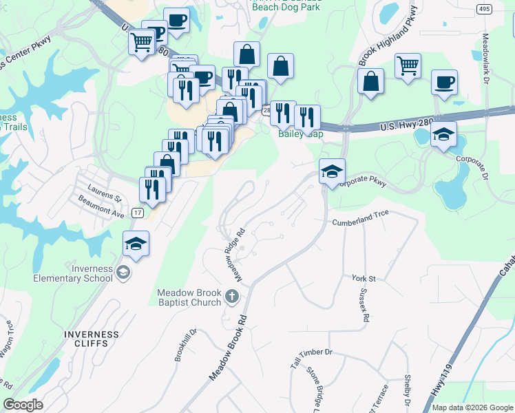 map of restaurants, bars, coffee shops, grocery stores, and more near 1606 Morning Sun Circle in Birmingham