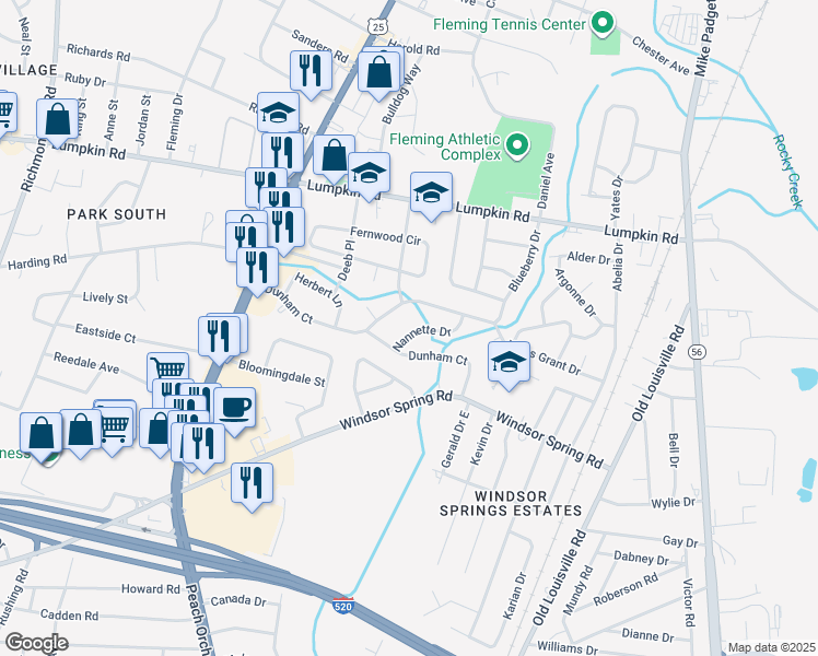 map of restaurants, bars, coffee shops, grocery stores, and more near 2615 Nannette Drive in Augusta