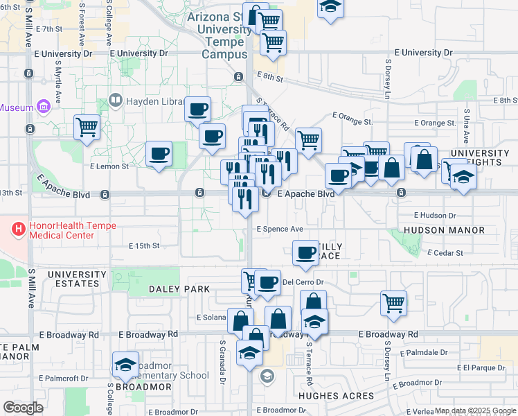 map of restaurants, bars, coffee shops, grocery stores, and more near 1333 South Rural Road in Tempe
