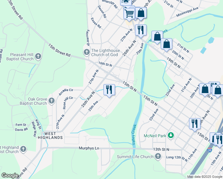 map of restaurants, bars, coffee shops, grocery stores, and more near 1333 25th Avenue in Hueytown
