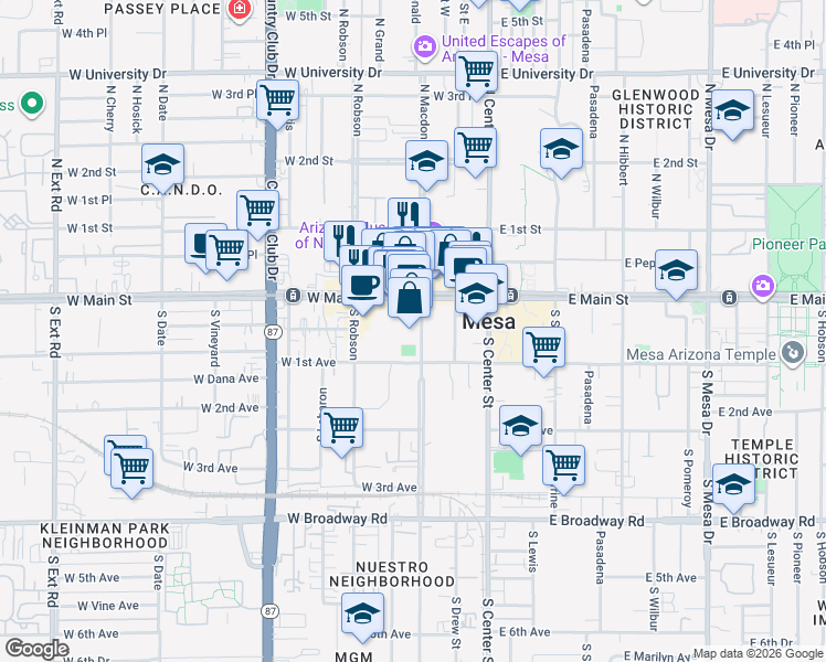 map of restaurants, bars, coffee shops, grocery stores, and more near 34 South Macdonald in Mesa