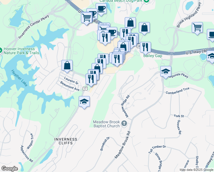 map of restaurants, bars, coffee shops, grocery stores, and more near 4059 Highland Ridge Road in Birmingham