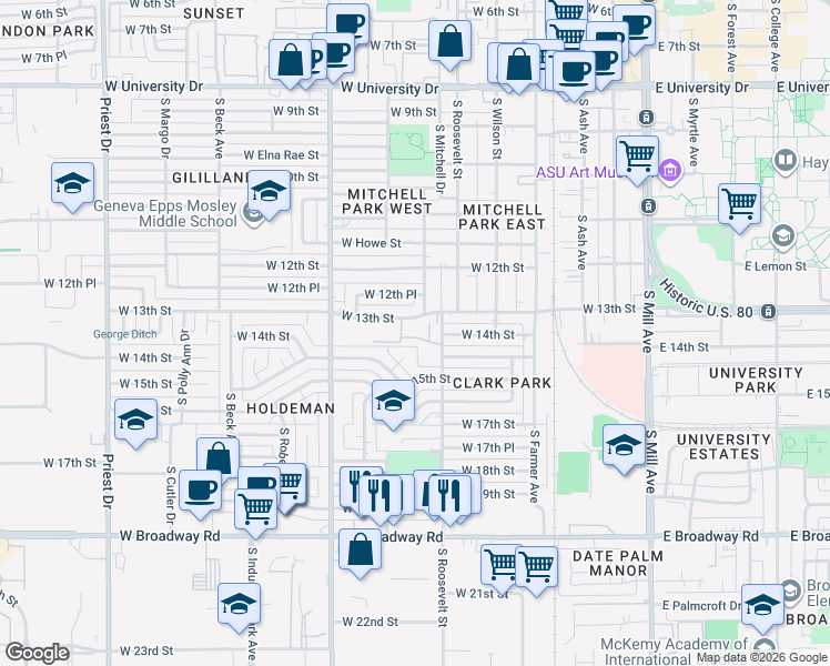 map of restaurants, bars, coffee shops, grocery stores, and more near 14 South Judd Street in Tempe