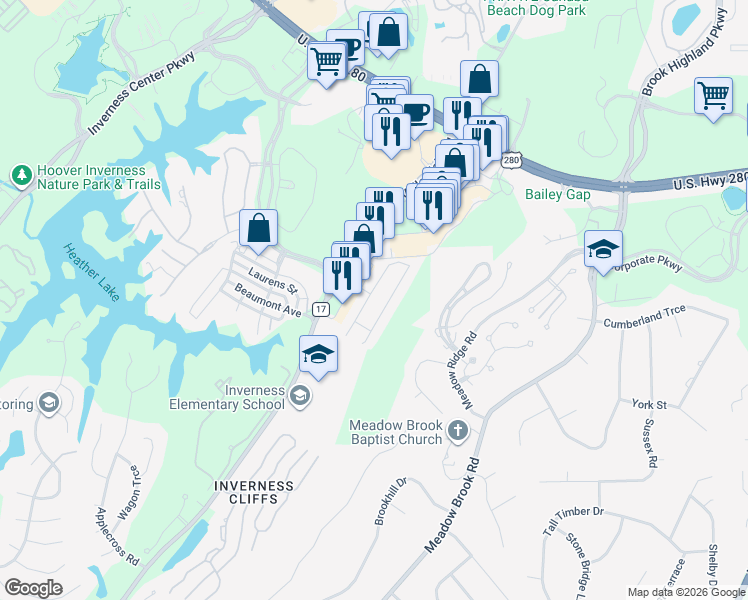 map of restaurants, bars, coffee shops, grocery stores, and more near 3040 Valley Ridge Road in Birmingham