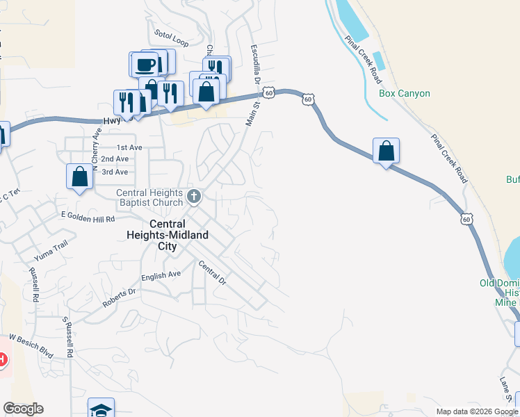 map of restaurants, bars, coffee shops, grocery stores, and more near 6009 Short Avenue in Globe