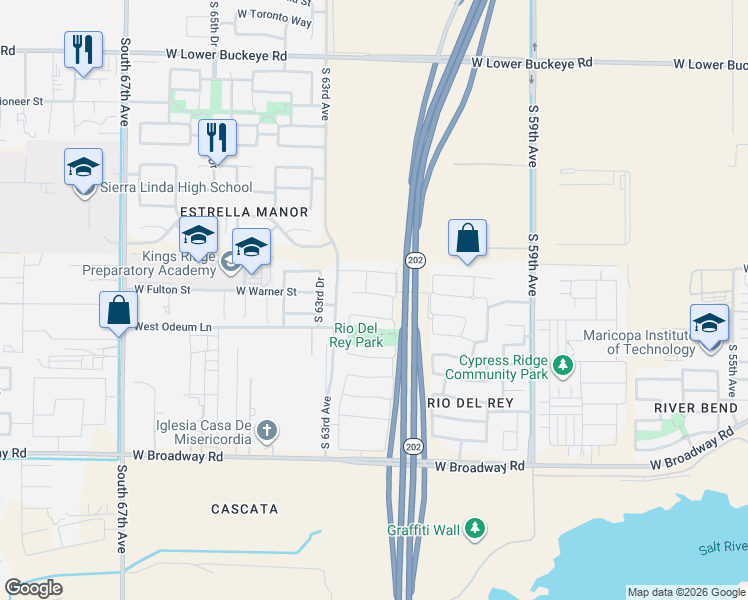 map of restaurants, bars, coffee shops, grocery stores, and more near 6221 West Warner Street in Phoenix