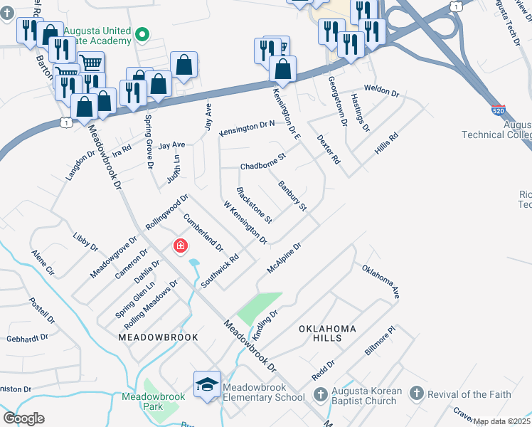 map of restaurants, bars, coffee shops, grocery stores, and more near 2524 Blackstone Street in Augusta