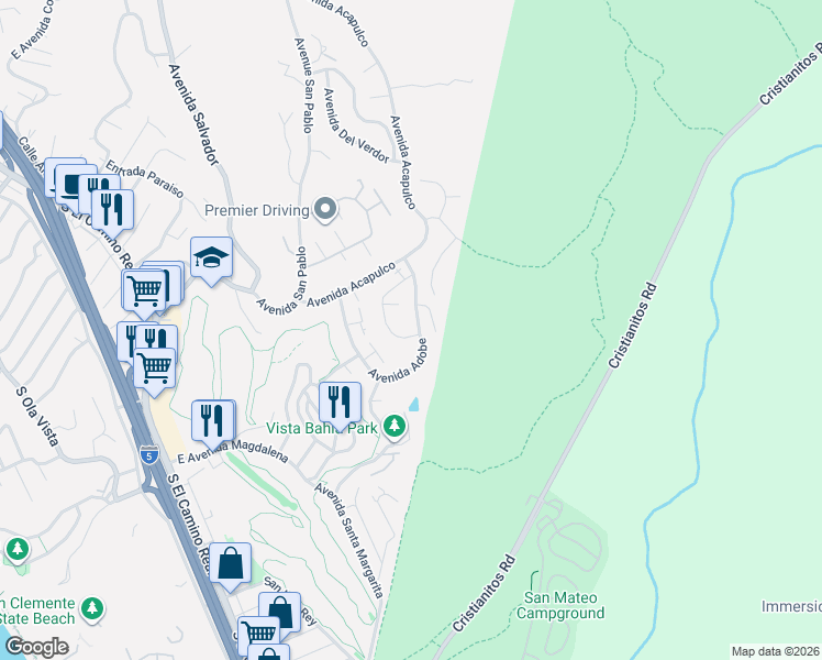 map of restaurants, bars, coffee shops, grocery stores, and more near 505 Avenida Adobe in San Clemente