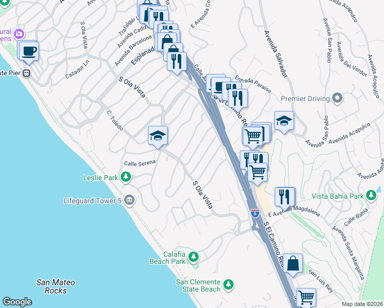 map of restaurants, bars, coffee shops, grocery stores, and more near 166 West Avenida Alessandro in San Clemente