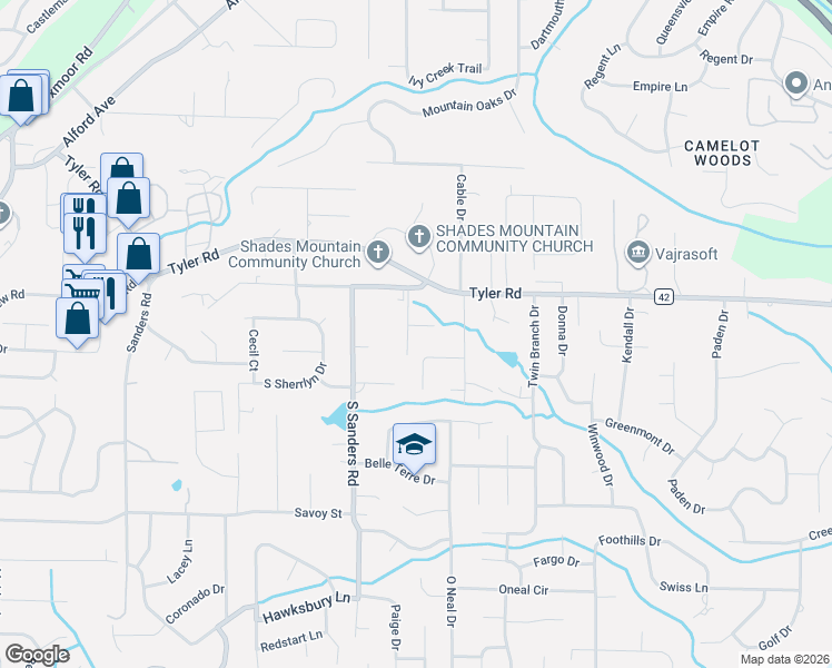 map of restaurants, bars, coffee shops, grocery stores, and more near 2300 Harmony Lane in Birmingham