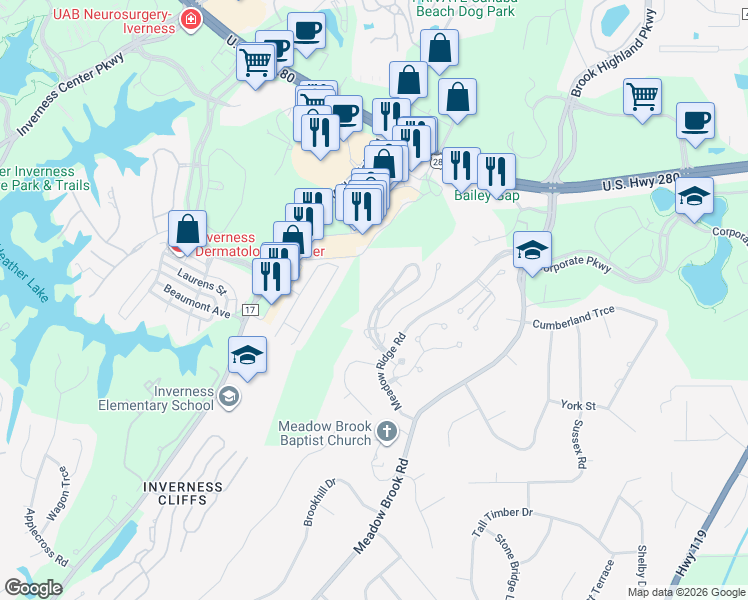 map of restaurants, bars, coffee shops, grocery stores, and more near 1005 Morning Sun Drive in Meadowbrook
