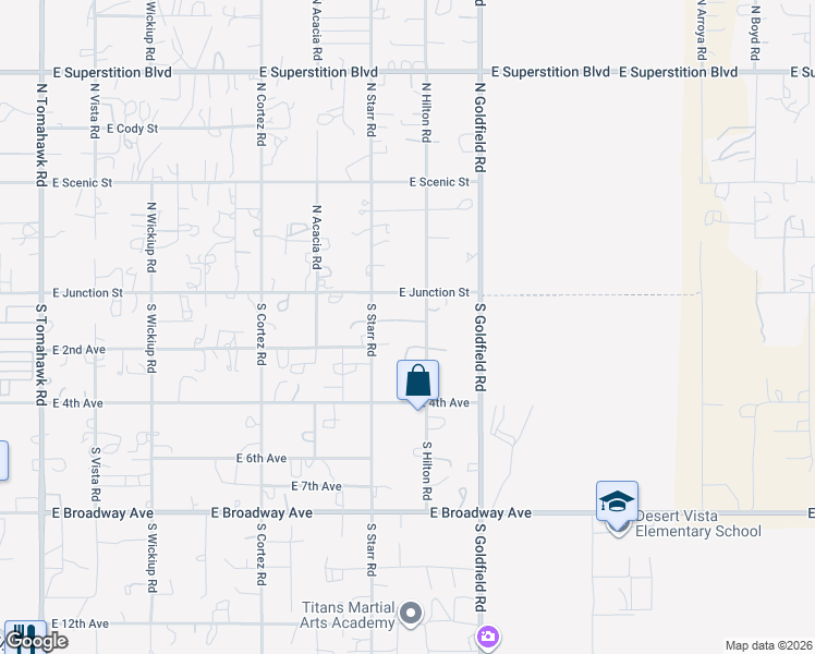 map of restaurants, bars, coffee shops, grocery stores, and more near 2919 East 1st Avenue in Apache Junction