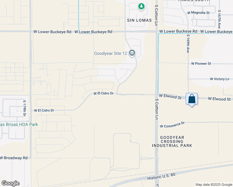 map of restaurants, bars, coffee shops, grocery stores, and more near 17420 West Elwood Street in Goodyear