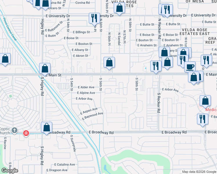 map of restaurants, bars, coffee shops, grocery stores, and more near 5637 East Alder Avenue in Mesa